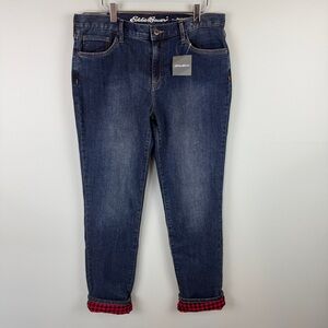 NWT Eddie Bauer Women’s Flannel lined Dark Blue Straight Boyfriend Jeans size 8